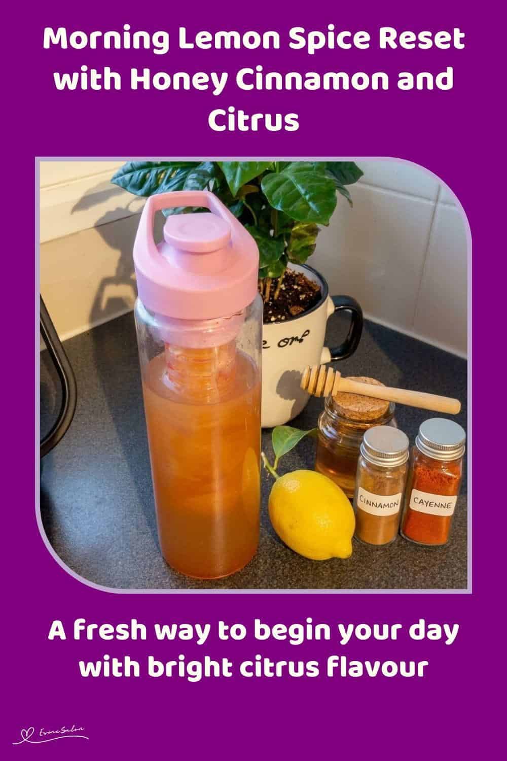 An image of a travel mug with Morning Lemon Spice Reset made with fresh lemon, honey, cinnamon, and cayenne pepper