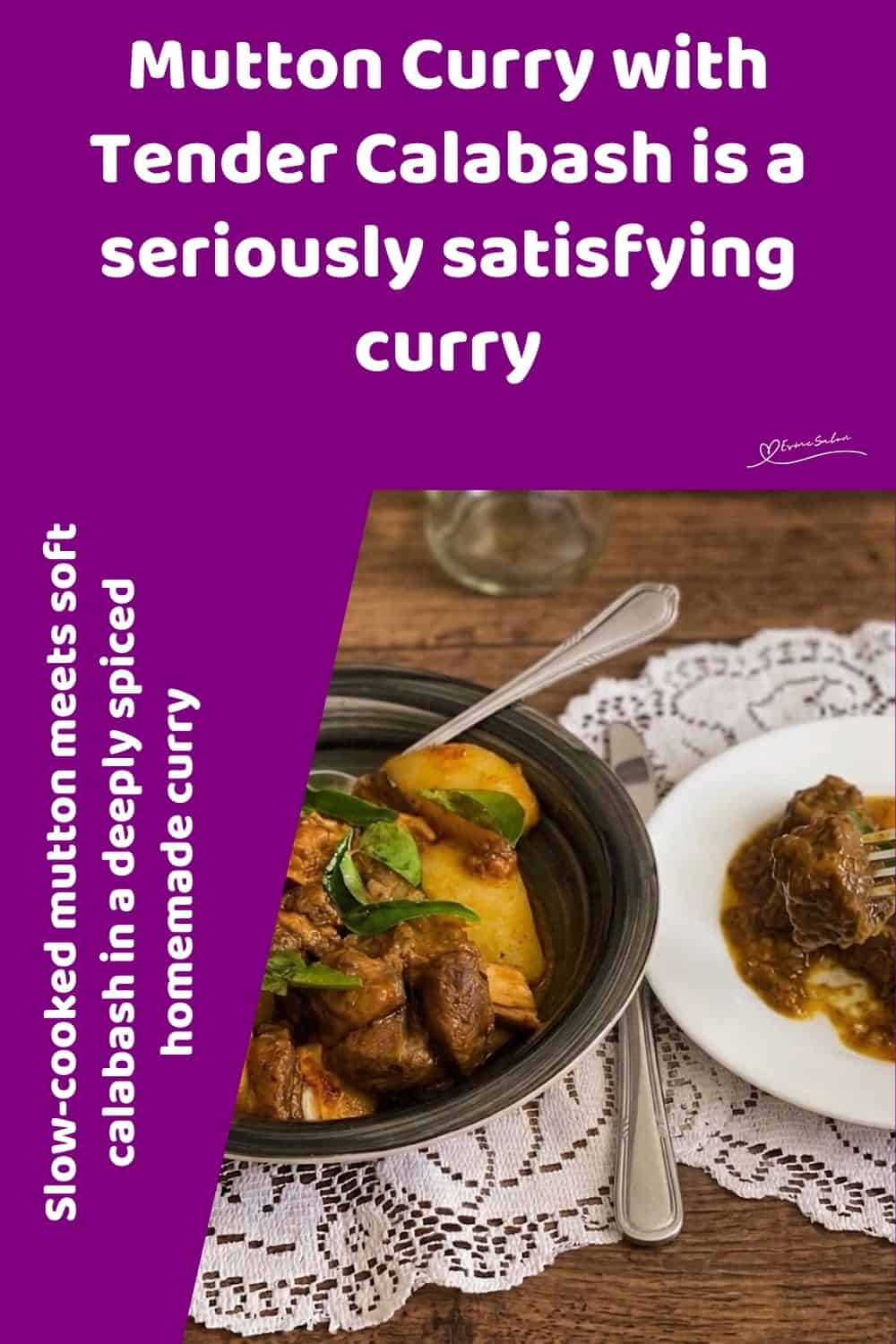 An image of a bowl and plate filled with mutton curry with Tender Calabash soaking in a spicy gravy