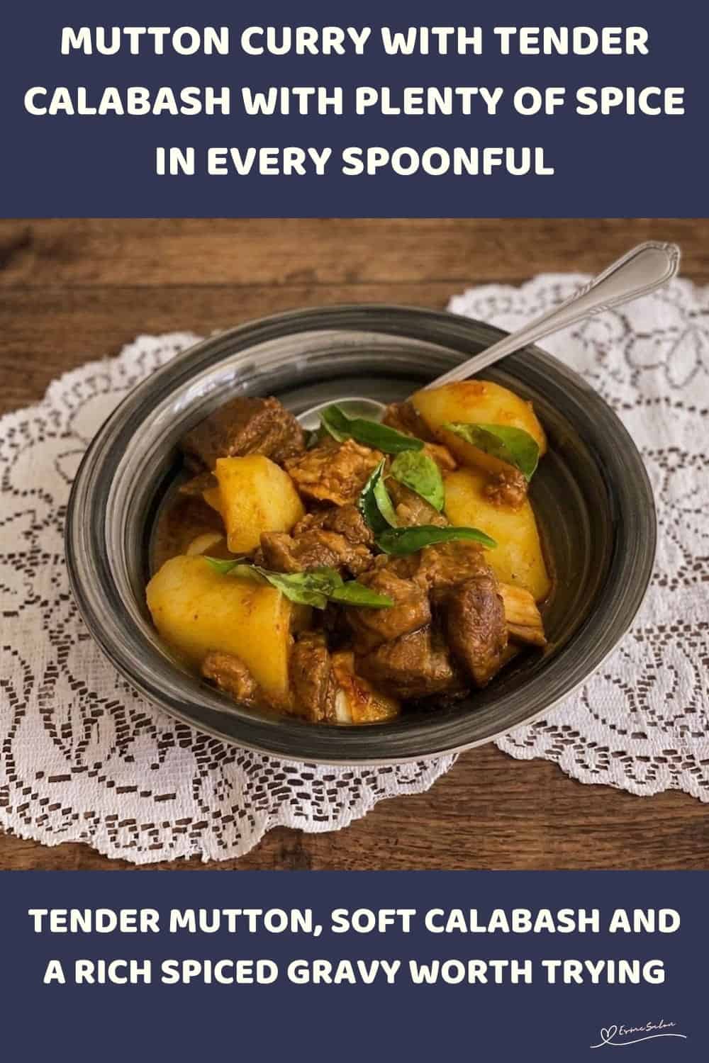 An image of a bowl and plate filled with mutton curry with Tender Calabash soaking in a spicy gravy