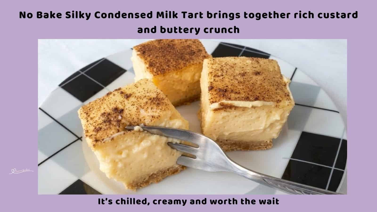 An image of a plate filled with 3 cubes of No Bake Silky Condensed Milk Tart