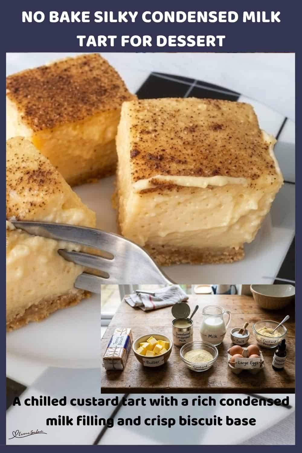 An image of a plate filled with 3 cubes of No Bake Silky Condensed Milk Tart
