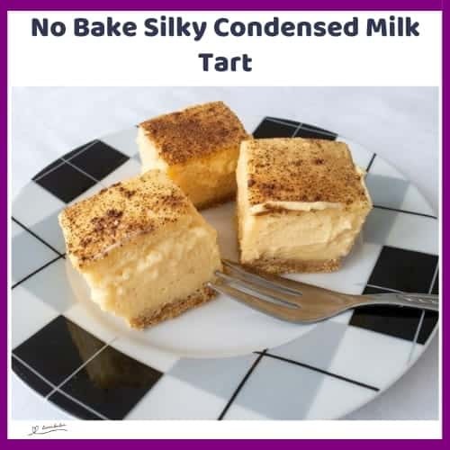 An image of a plate filled with 3 cubes of No Bake Silky Condensed Milk Tart
