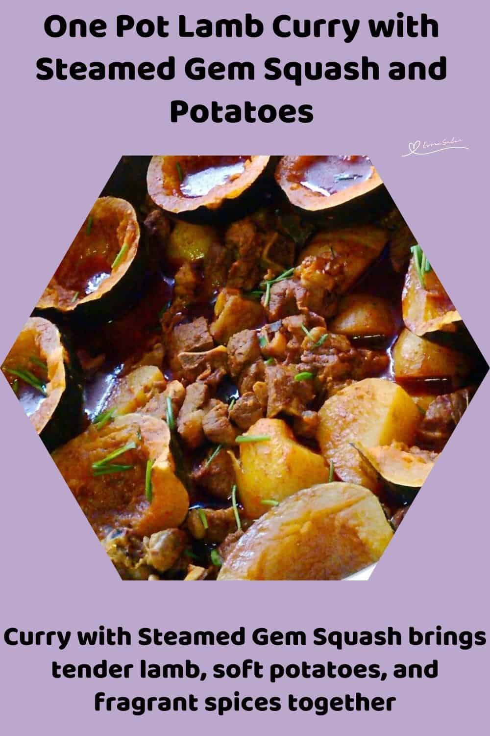 An image of a bowl of Lamb Curry with Steamed Gem Squash on top and made in a pot
