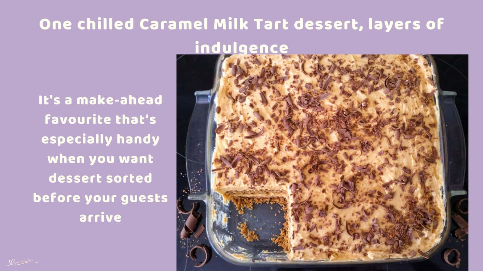 An image of a Creamy Caramel Milk Tart with chocolate shavings as decoration