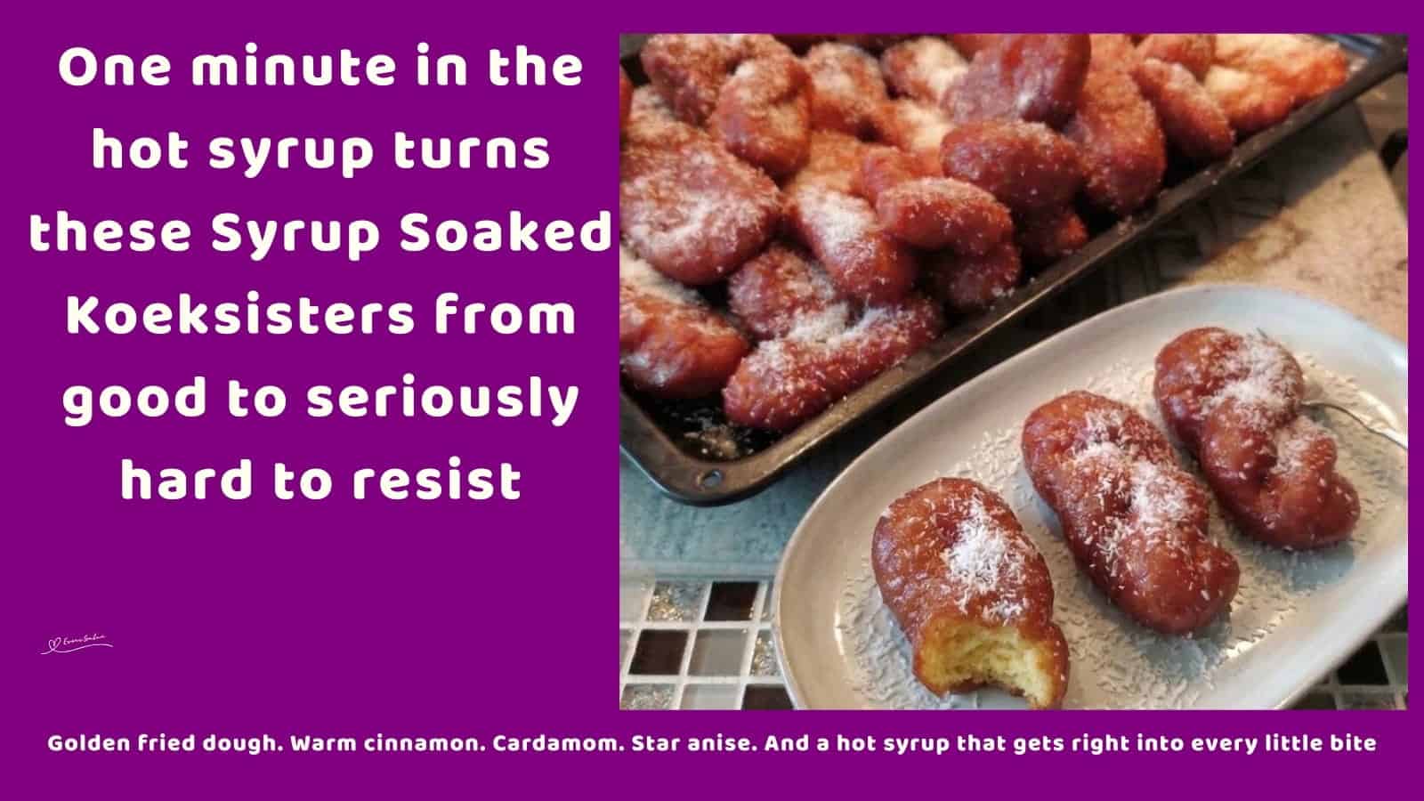An image of a baking pan and a side plate with Koeksisters dipped in a Spiced Syrup and coated with coconut
