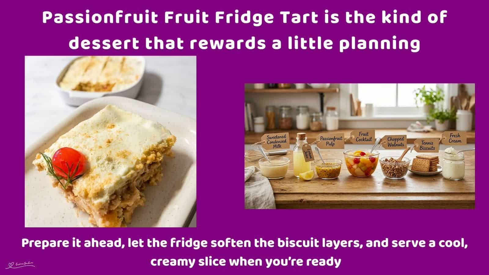An image of a Passionfruit Fruit Fridge Tart with condensed milk, tennis biscuits and chopped walnuts