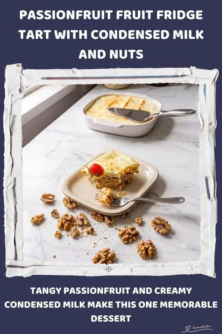 An image of a Passionfruit Fruit Fridge Tart with condensed milk, tennis biscuits and chopped walnuts