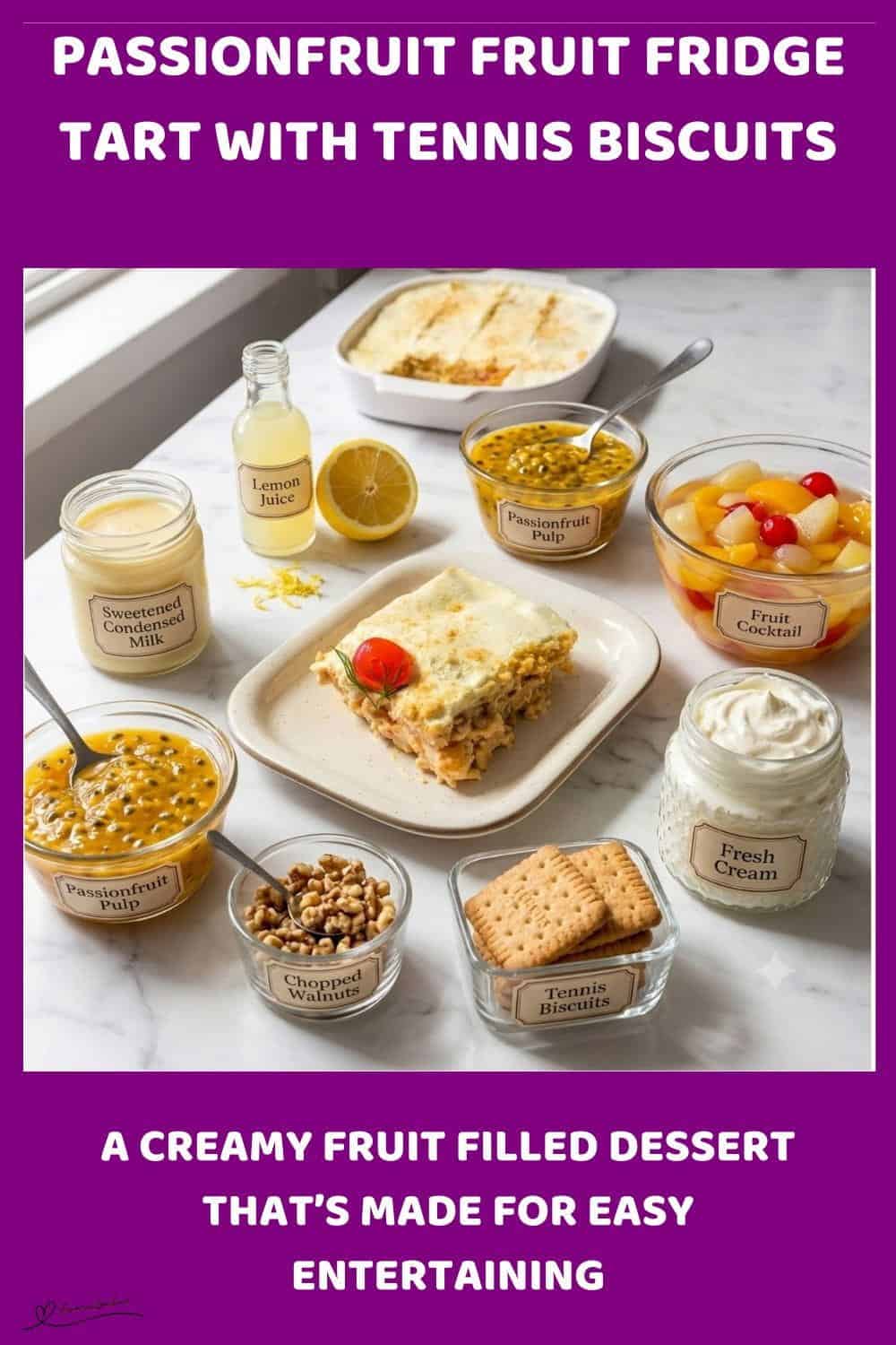An image of a Passionfruit Fruit Fridge Tart with condensed milk, tennis biscuits and chopped walnuts