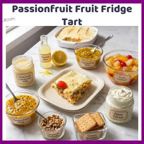 An image of a Passionfruit Fruit Fridge Tart with condensed milk, tennis biscuits and chopped walnuts