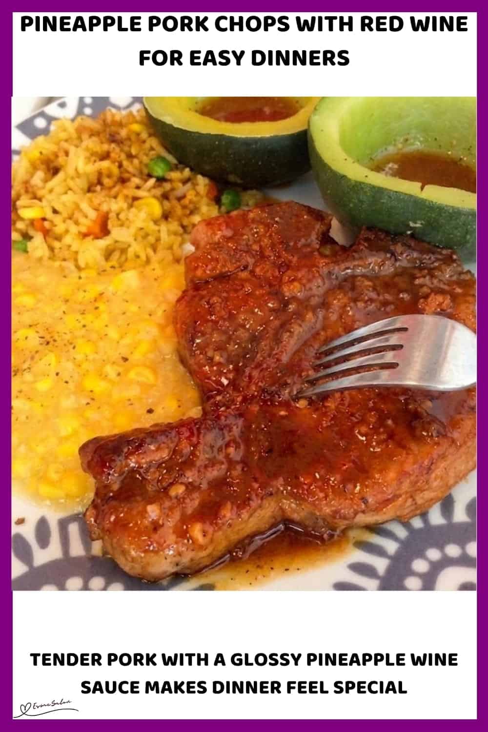 An image of a plate with Pineapple Pork Chops with Red Wine, served with rice, squash and sweetcorn