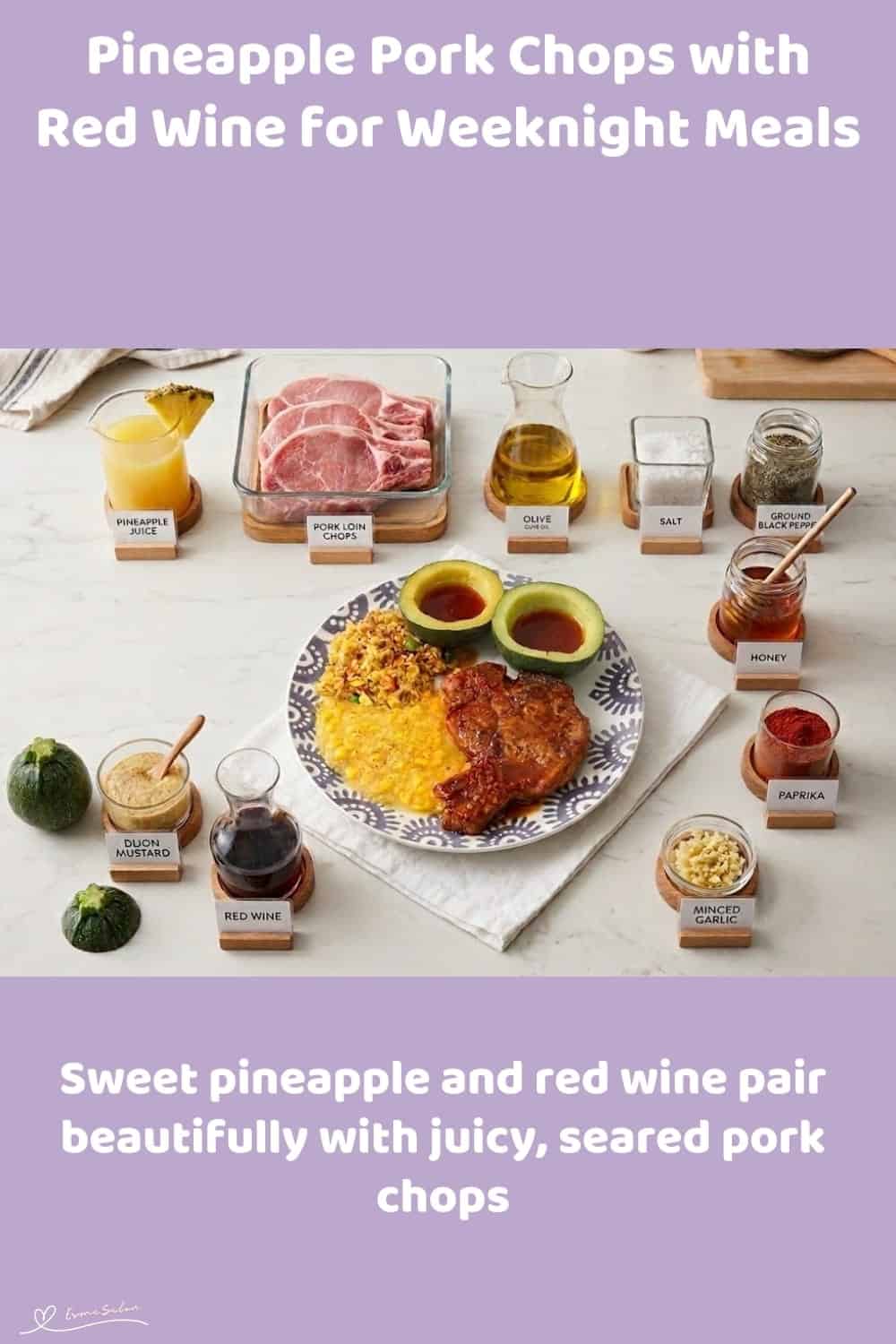 An image of a plate with Pineapple Pork Chops with Red Wine, served with rice, squash and sweetcorn