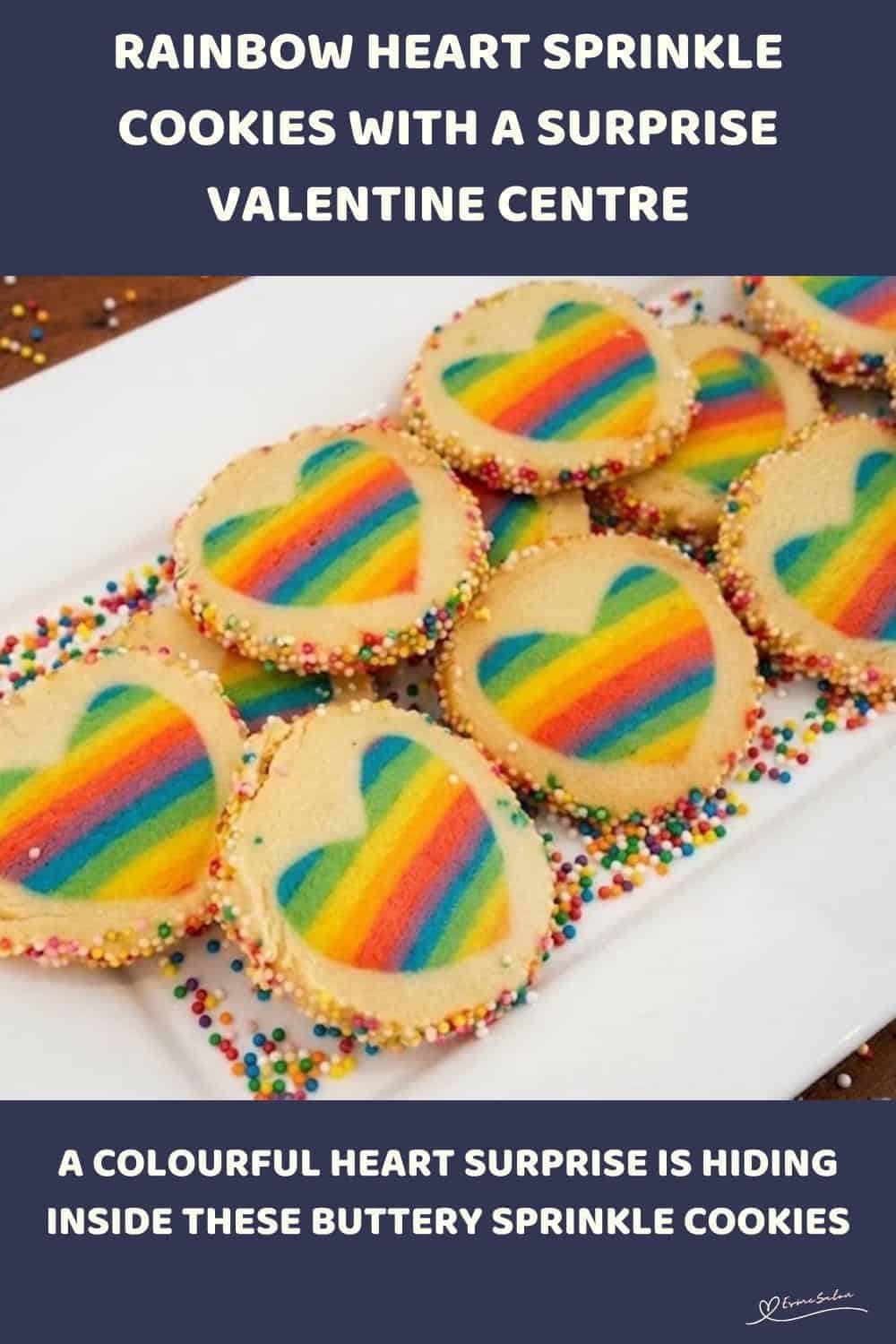 An image of a plate of Butter Rainbow Heart Sprinkle Cookies