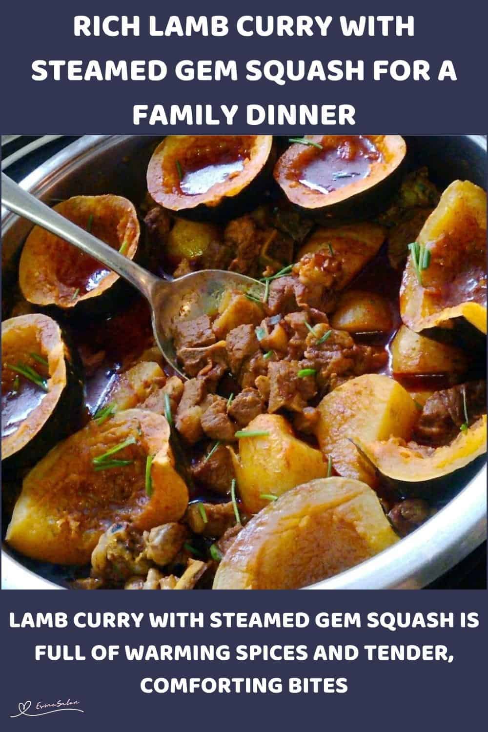 An image of a bowl of Lamb Curry with Steamed Gem Squash on top and made in a pot