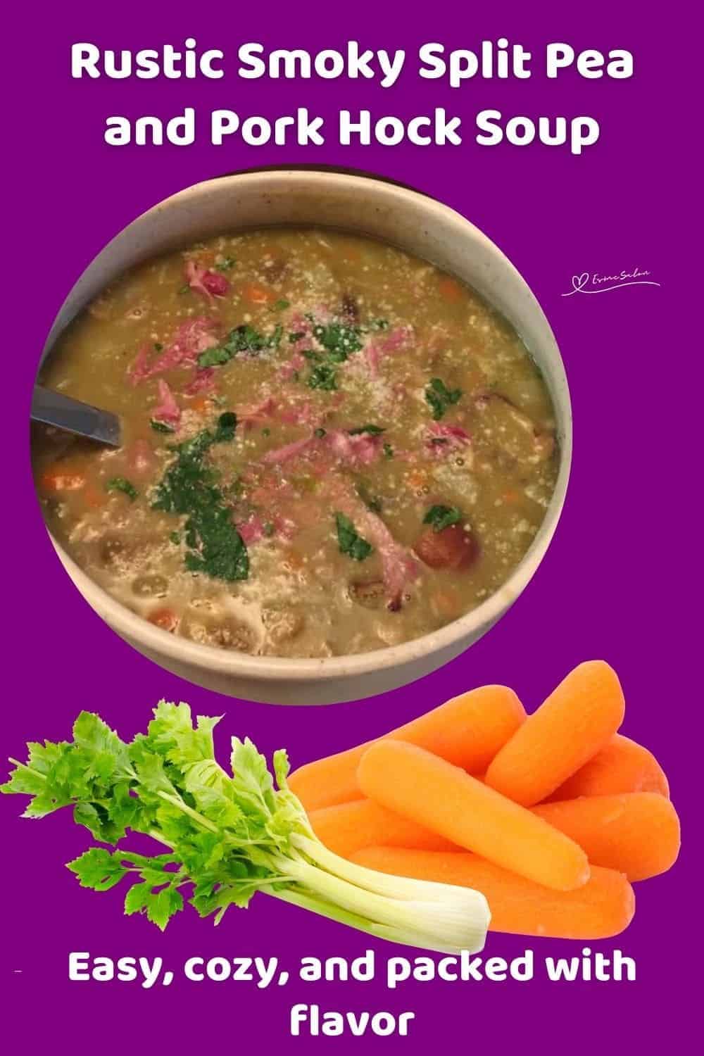 An image of a soup bowl with Smoky Split Pea and Pork Hock Soup