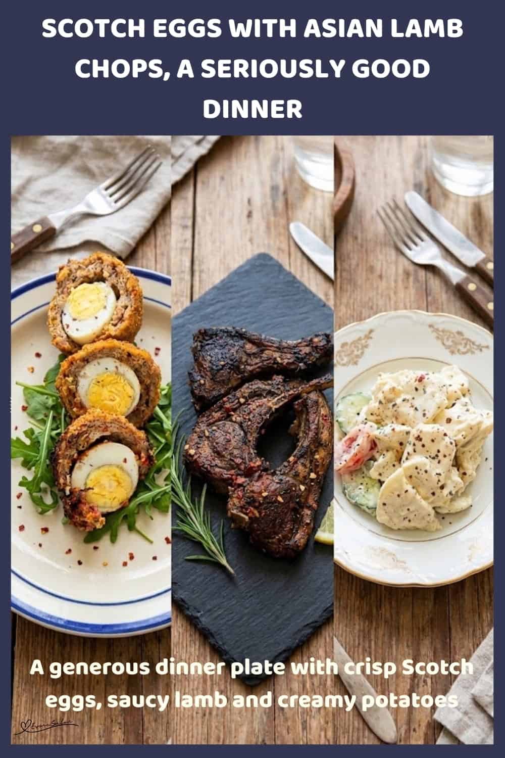 An image of a plate with Scotch Eggs, Asian Lamb Chops and Creamy Potato Salad