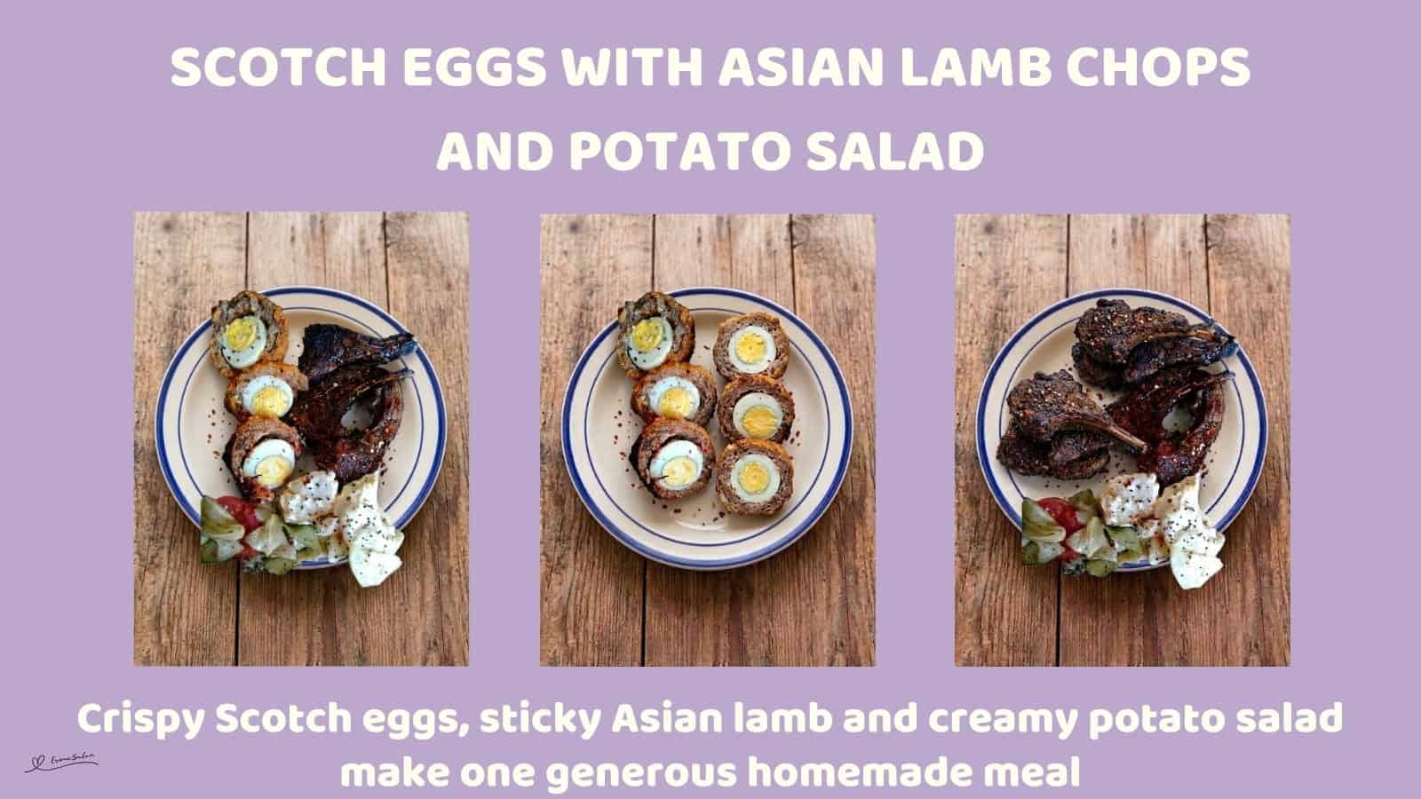 An image of a plate with Scotch Eggs, Asian Lamb Chops and Creamy Potato Salad
