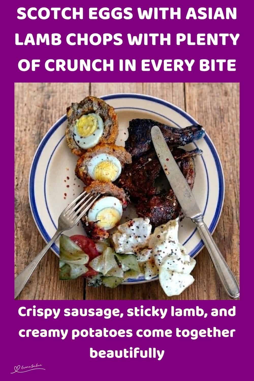 An image of a plate with Scotch Eggs, Asian Lamb Chops and Creamy Potato Salad