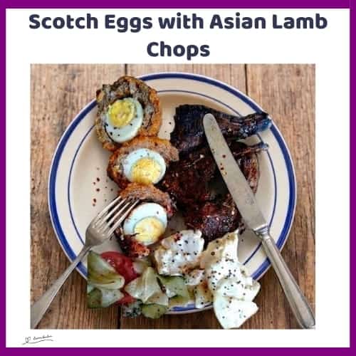 An image of a plate with Scotch Eggs, Asian Lamb Chops and Creamy Potato Salad