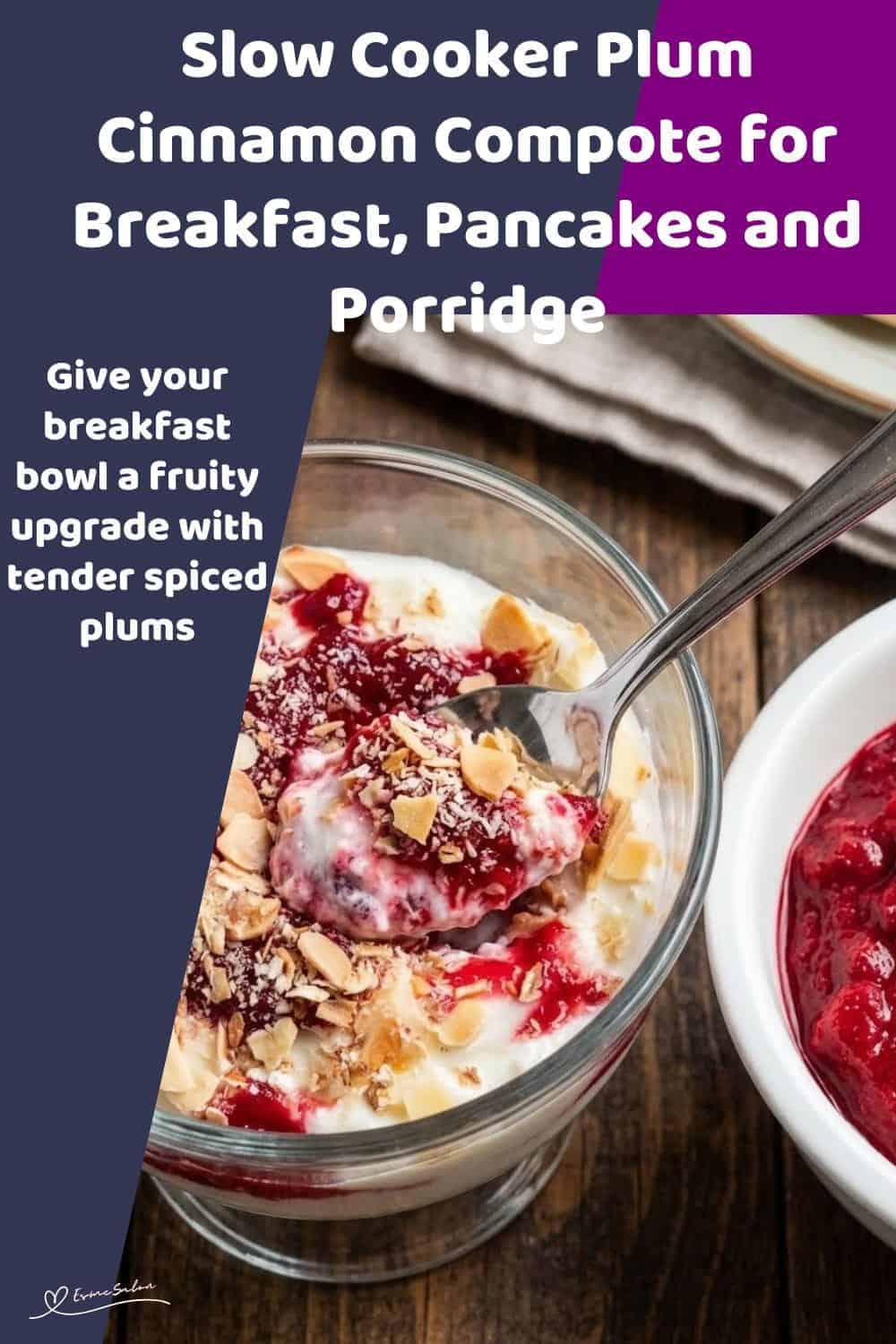 An image of a bowl of Plum Cinnamon Compote made of ripe plums, cinnamon, vanilla, ginger, and honey