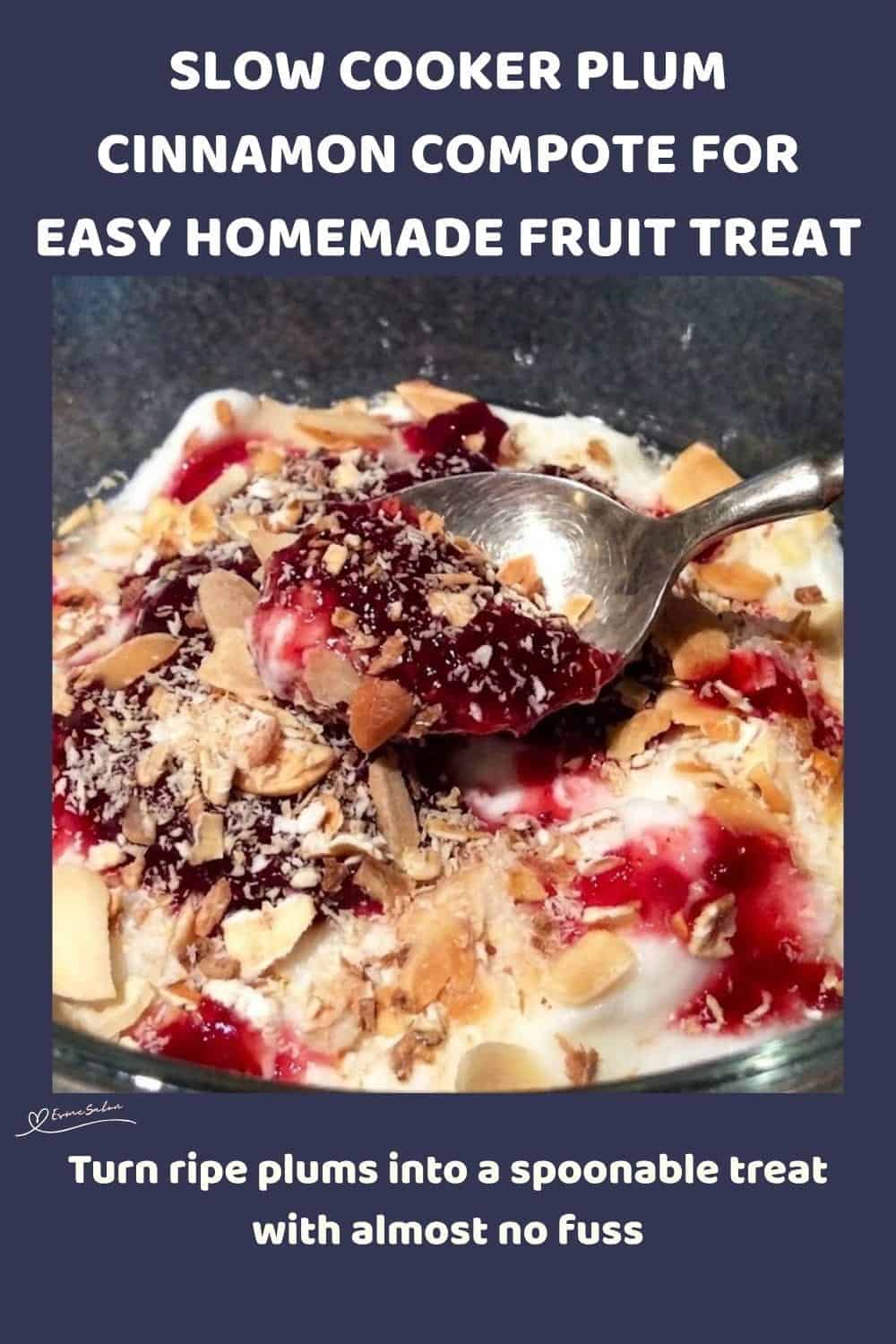 An image of a bowl of Plum Cinnamon Compote made of ripe plums, cinnamon, vanilla, ginger, and honey
