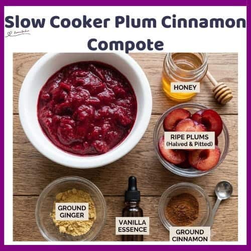 An image of a bowl of Plum Cinnamon Compote made of ripe plums, cinnamon, vanilla, ginger, and honey