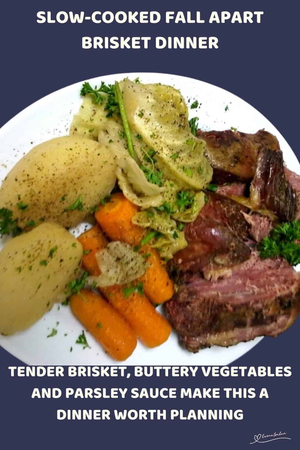 An image of a plate of Pickled Brisket Dinner with potatoes and carrots, with a parsley sauce