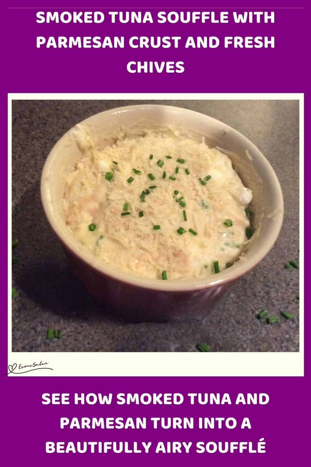 An image of a ramekin with Smoked Tuna Souffle with a Parmesan Crust