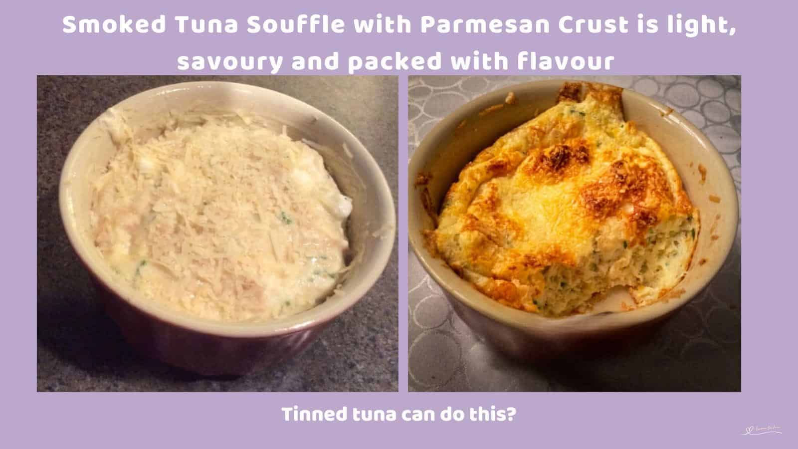 An image of a ramekin with Smoked Tuna Souffle with a Parmesan Crust