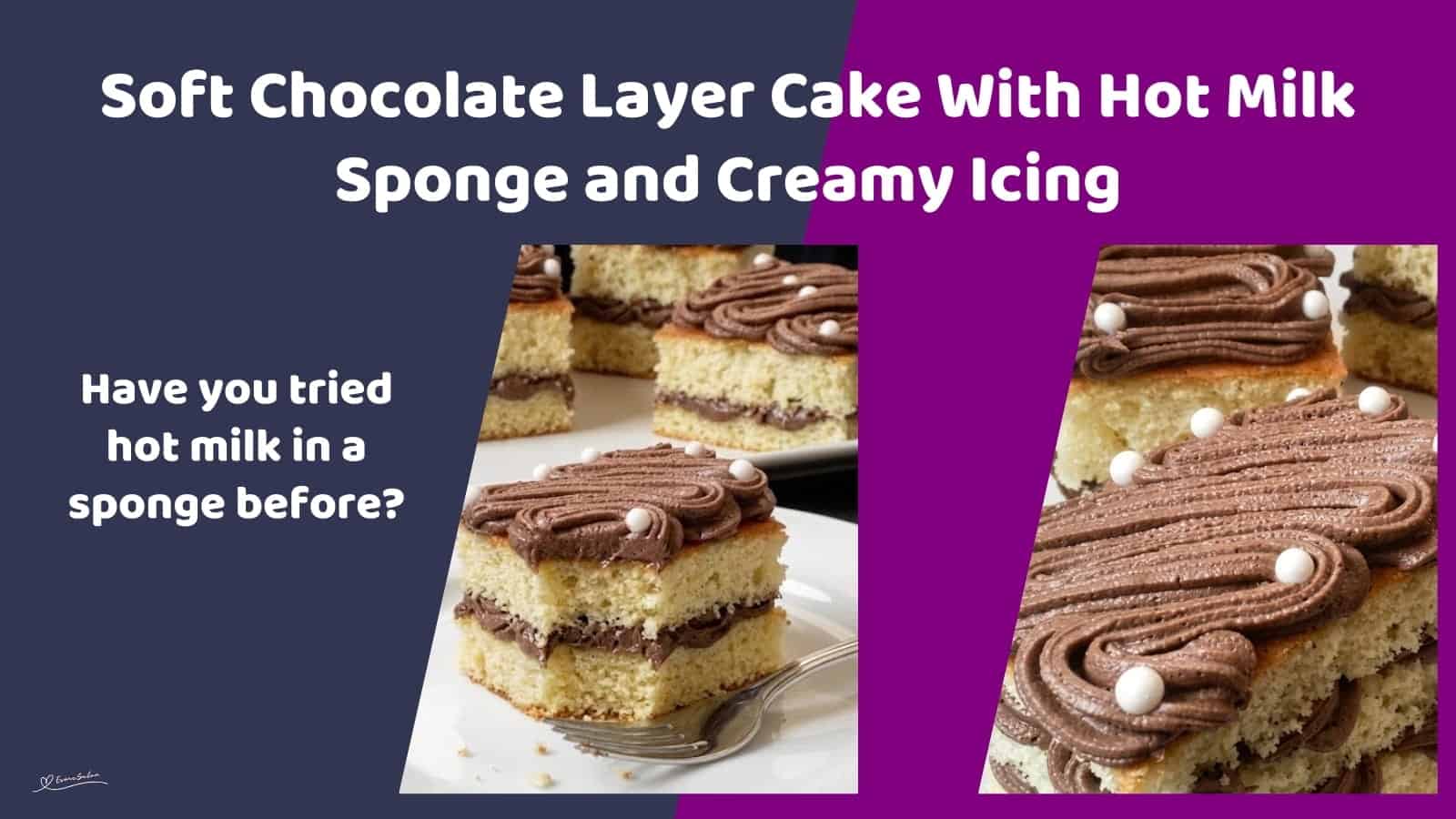 An image of slices of Soft Milk Sponge Cake with Chocolate Icing