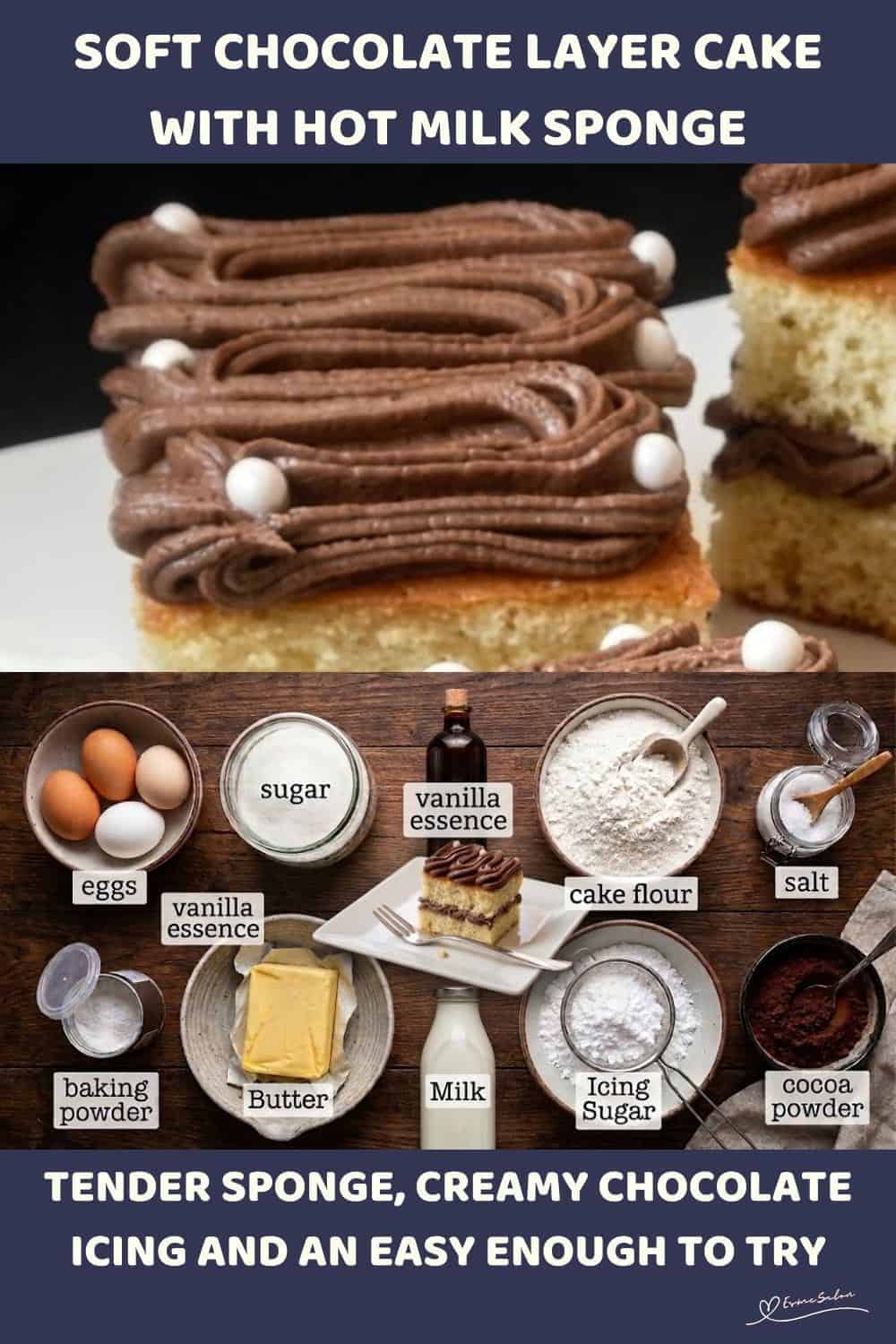 An image of slices of Soft Milk Sponge Cake with Chocolate Icing