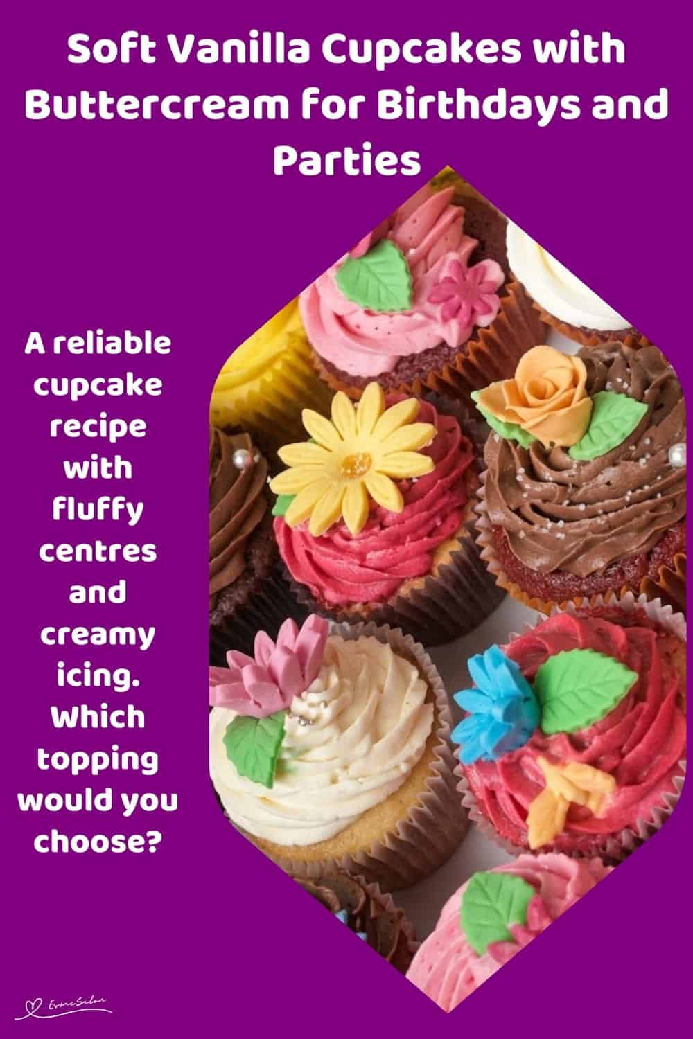 An image of a plate of colourful Soft Vanilla Cupcakes with Buttercream frosting