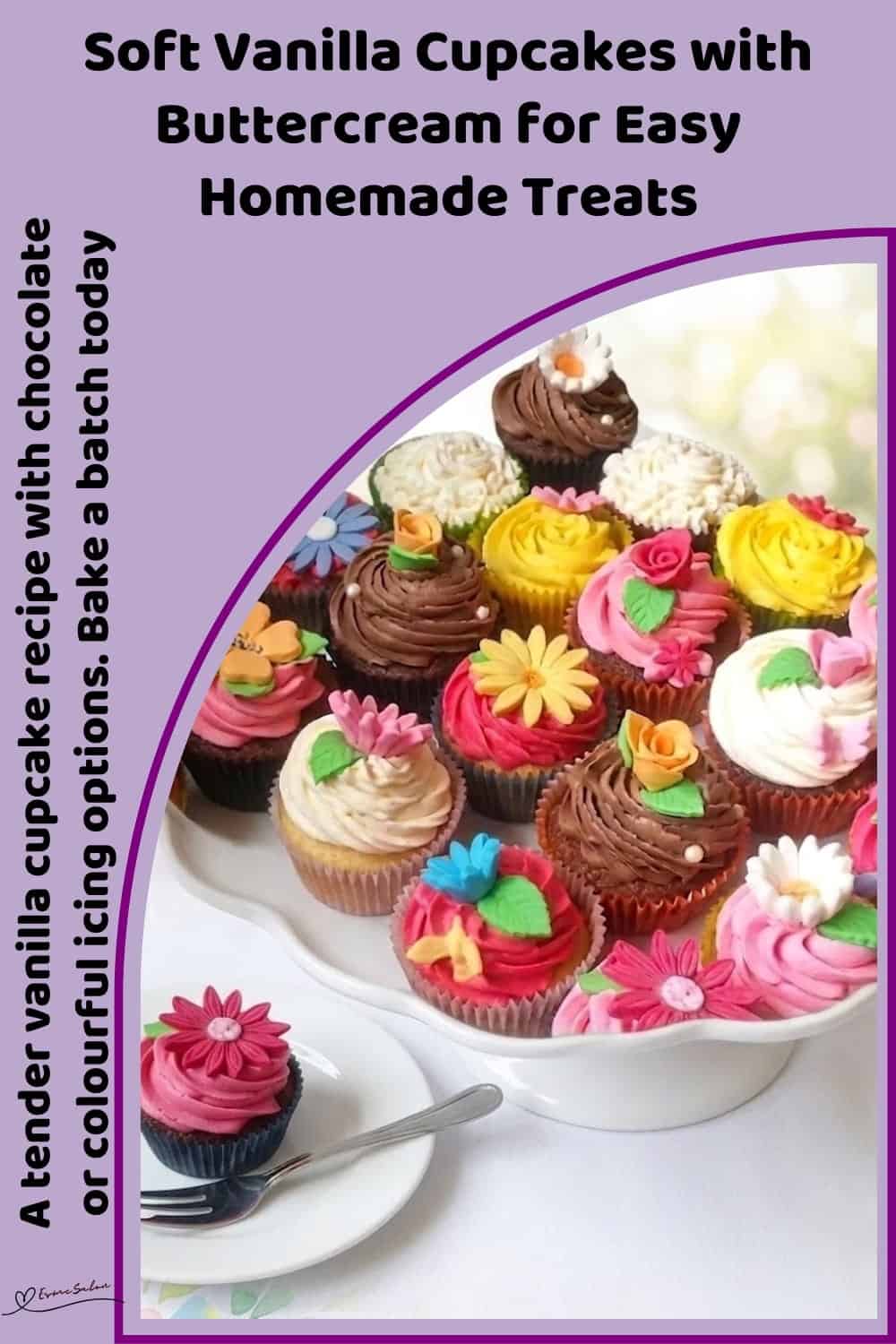 An image of a plate of colourful Soft Vanilla Cupcakes with Buttercream frosting