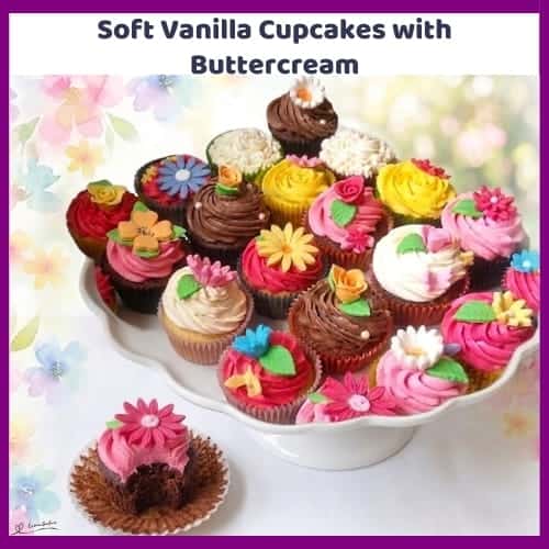 An image of a plate of colourful Soft Vanilla Cupcakes with Buttercream frosting