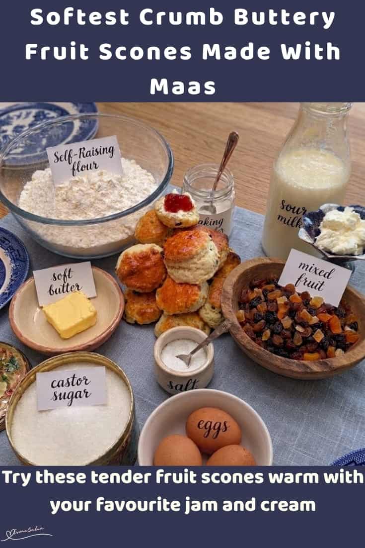 An image of a plate of Fruit Scones with Maas, Mixed Fruit and a Soft Tender Crumb