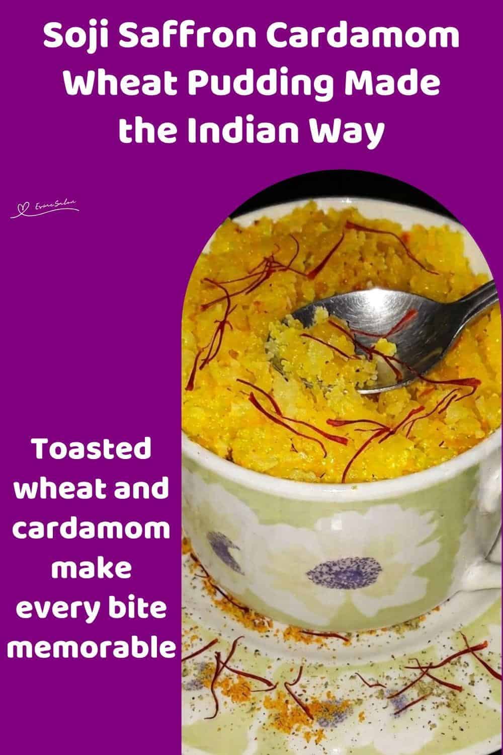 An image of a mug filled with Soji Saffron Cardamom Wheat Pudding with Coconut, Almonds, Sultanas, Saffron, and Cardamom