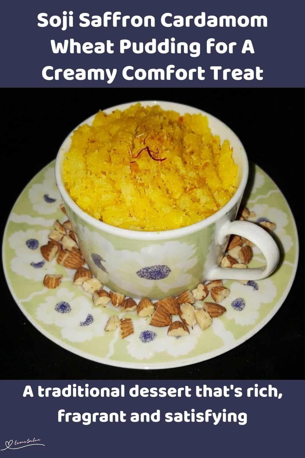 An image of a mug filled with Soji Saffron Cardamom Wheat Pudding with Coconut, Almonds, Sultanas, Saffron, and Cardamom