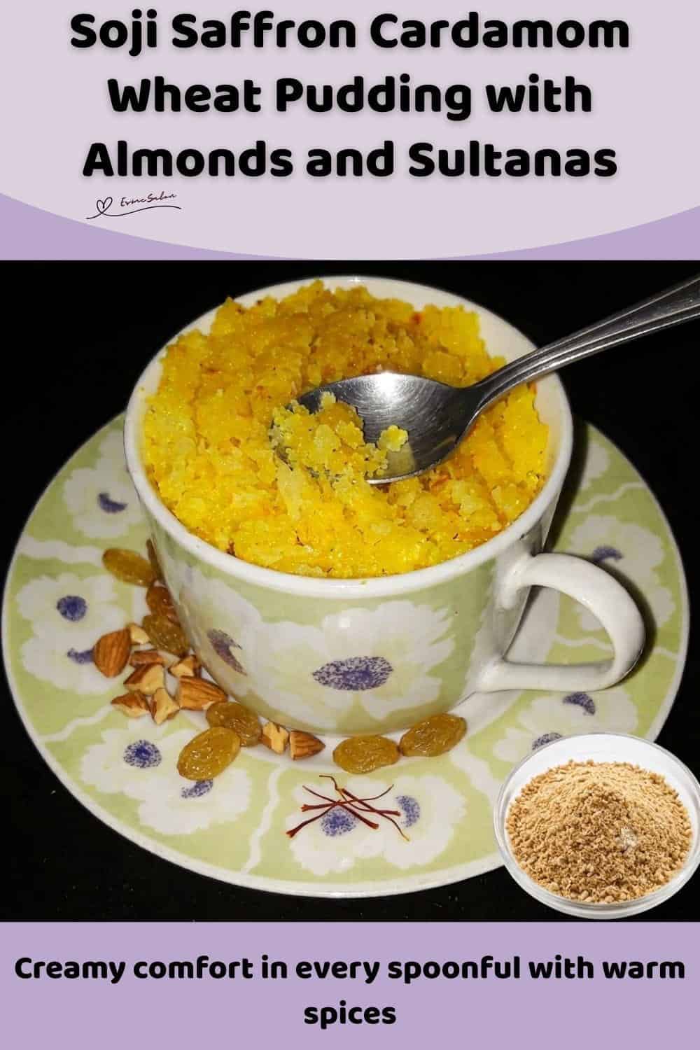 An image of a mug filled with Soji Saffron Cardamom Wheat Pudding with Coconut, Almonds, Sultanas, Saffron, and Cardamom