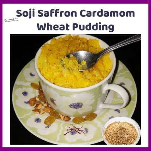 An image of a mug filled with Soji Saffron Cardamom Wheat Pudding with Coconut, Almonds, Sultanas, Saffron, and Cardamom