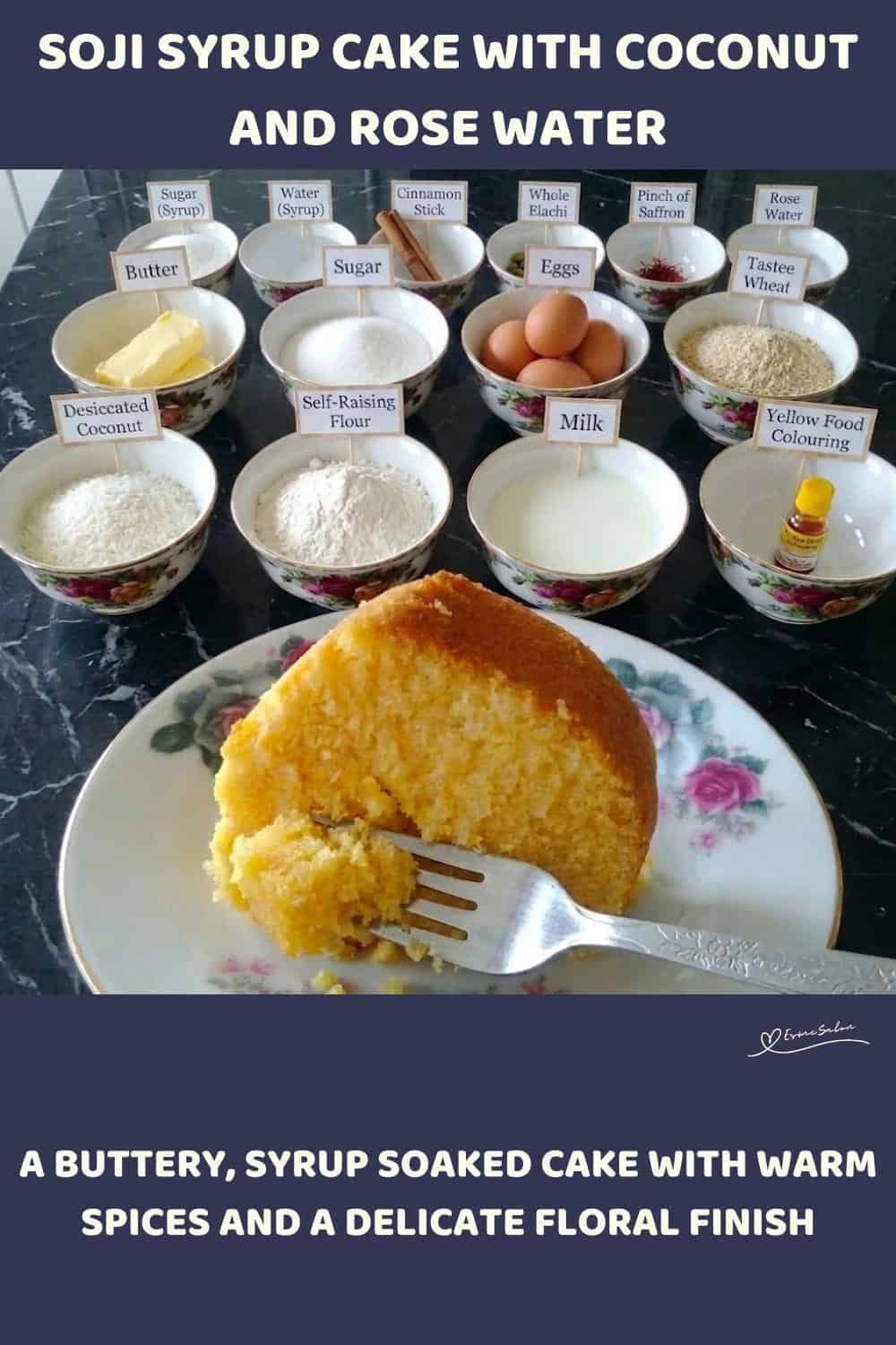 An image of a Soji Syrup Cake with coconut and rose water syrup