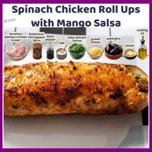 An image of a serving of Spinach Chicken Roll Ups with Aubergine Purée and Mango Salsa sauce