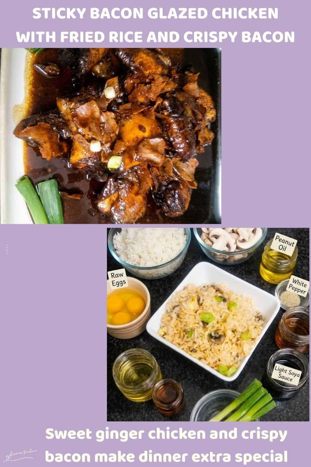 An image of a bowl of Sticky Bacon Glazed Chicken with Fried Rice cooked in a ginger honey sauce, then finished with crispy bacon and a sticky glaze
