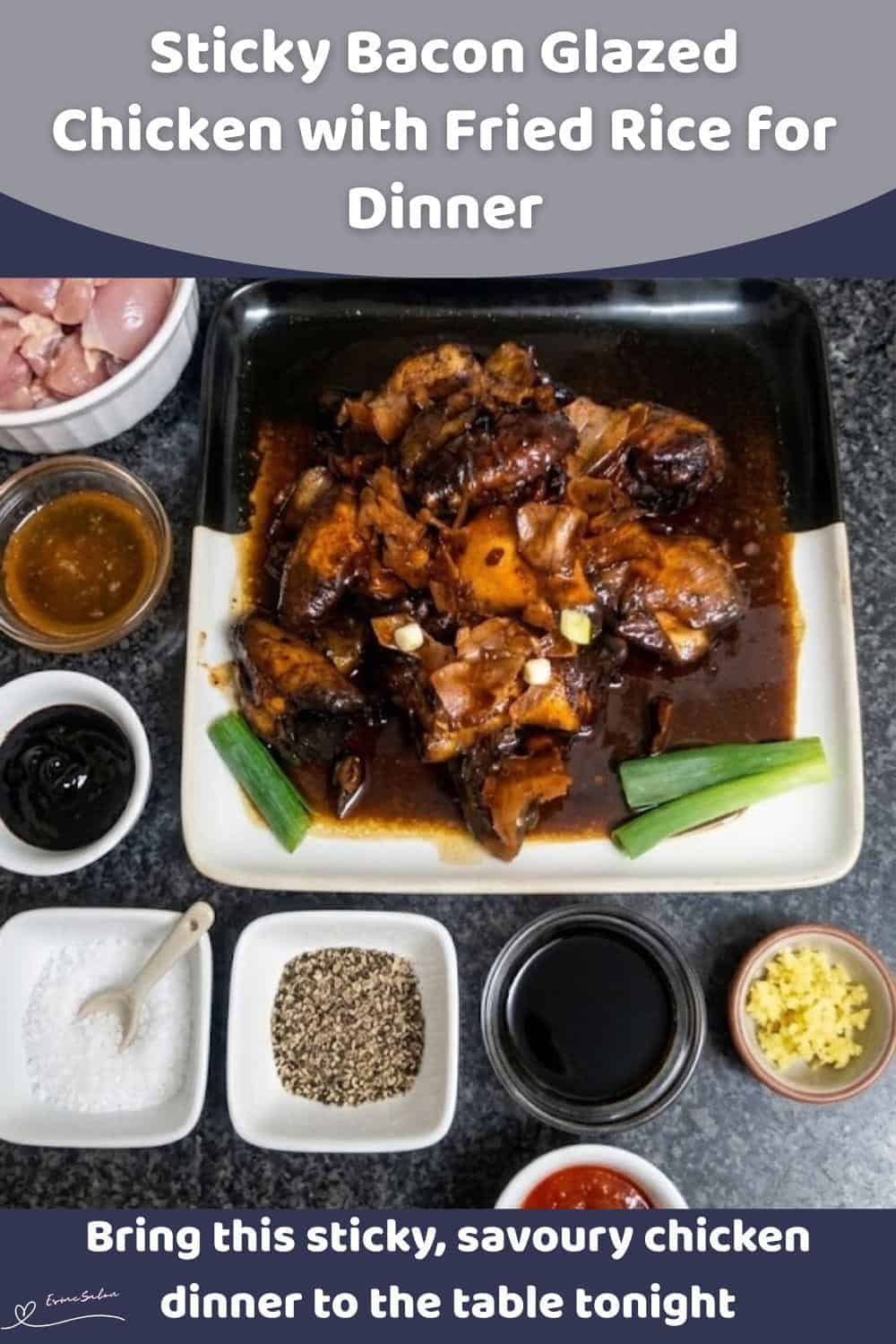 An image of a bowl of Sticky Bacon Glazed Chicken with Fried Rice cooked in a ginger honey sauce, then finished with crispy bacon and a sticky glaze