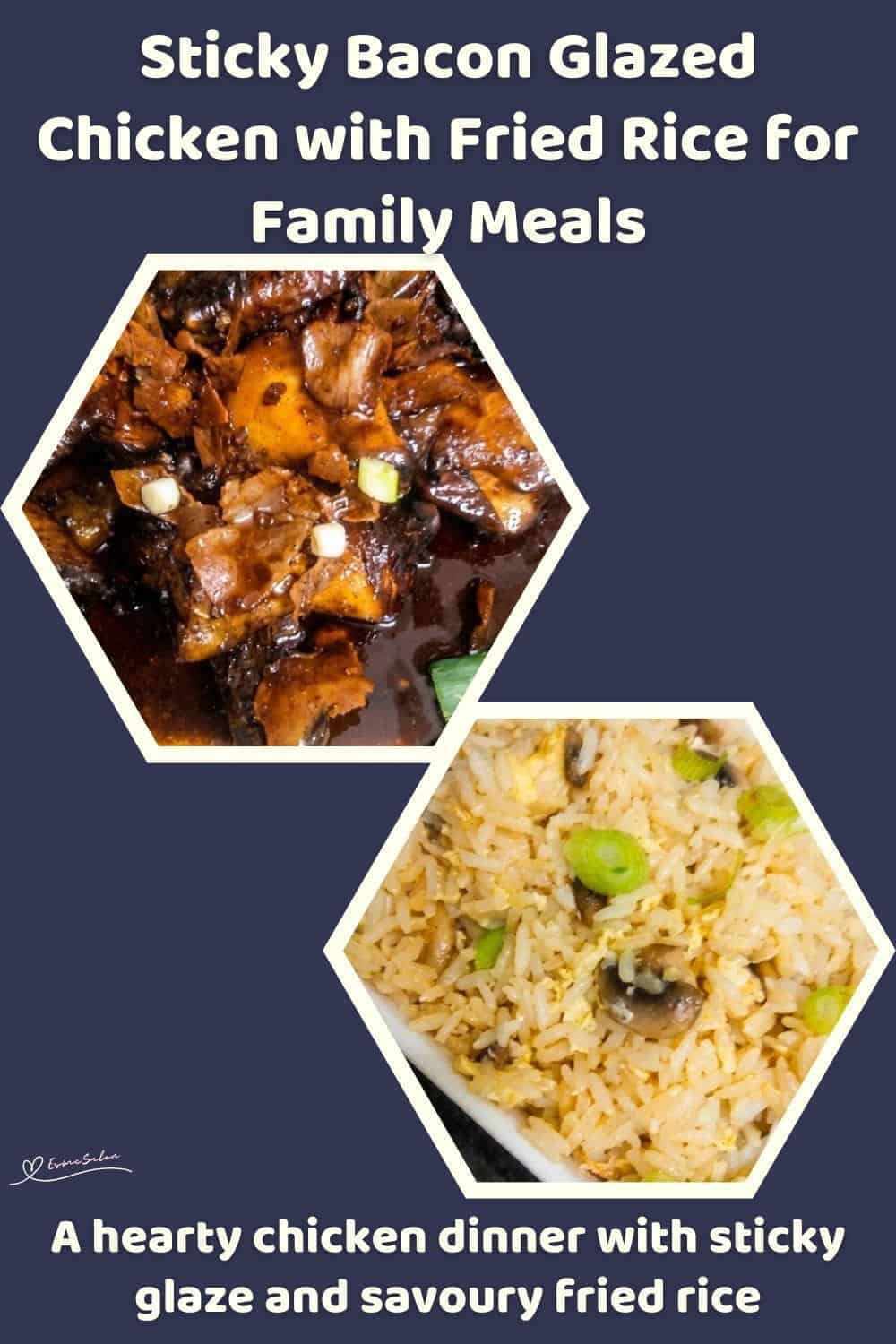 An image of a bowl of Sticky Bacon Glazed Chicken with Fried Rice cooked in a ginger honey sauce, then finished with crispy bacon and a sticky glaze