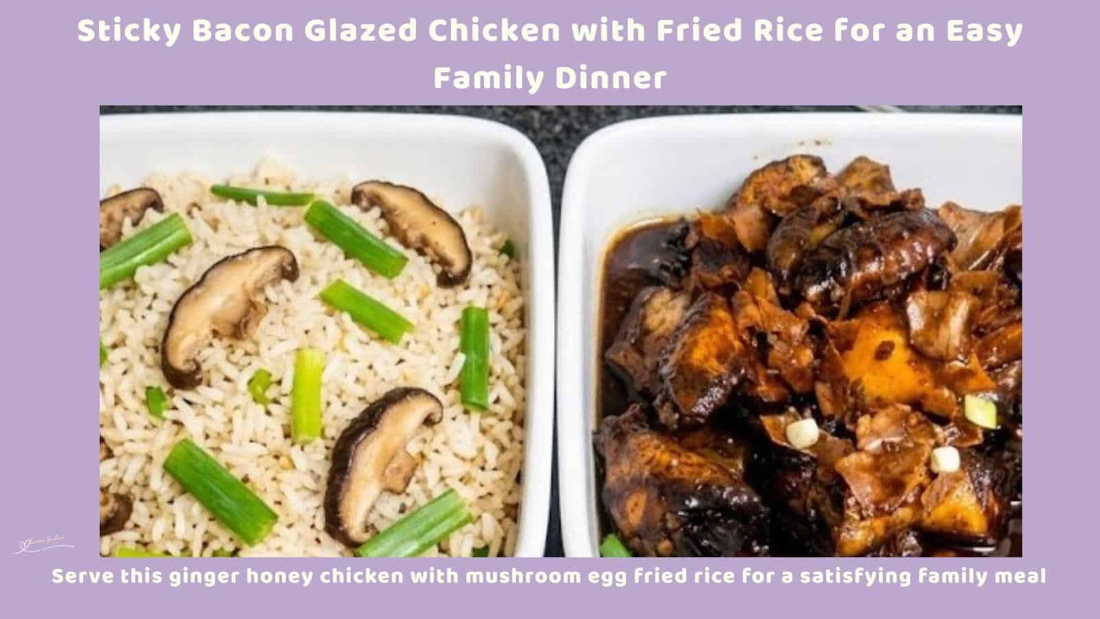 An image of a bowl of Sticky Bacon Glazed Chicken with Fried Rice cooked in a ginger honey sauce, then finished with crispy bacon and a sticky glaze