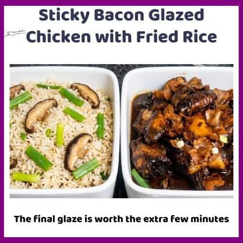 An image of a bowl of Sticky Bacon Glazed Chicken with Fried Rice cooked in a ginger honey sauce, then finished with crispy bacon and a sticky glaze