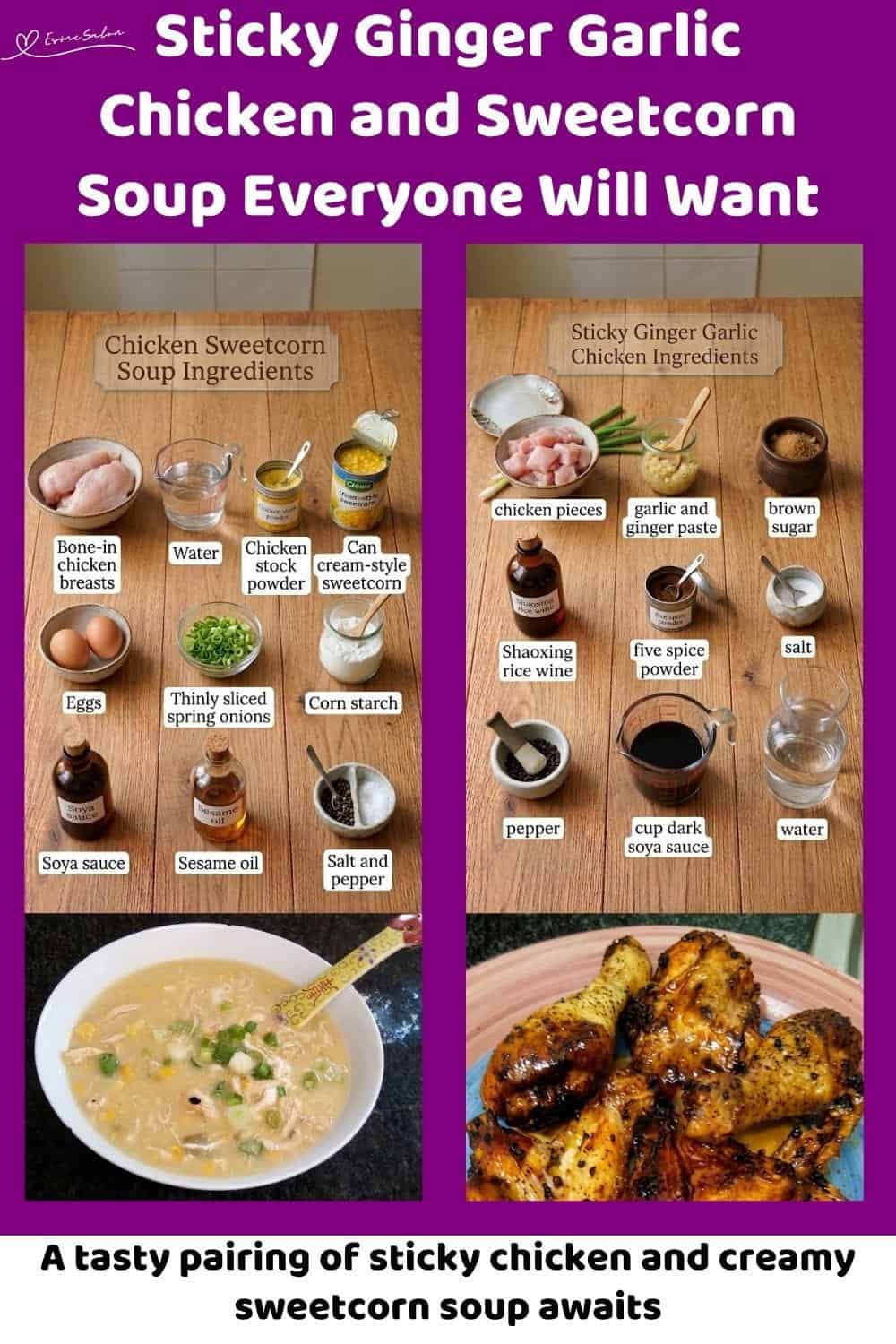 An image of a plate of Sticky Ginger Garlic Chicken together with a bowl of Sweetcorn Soup on the side