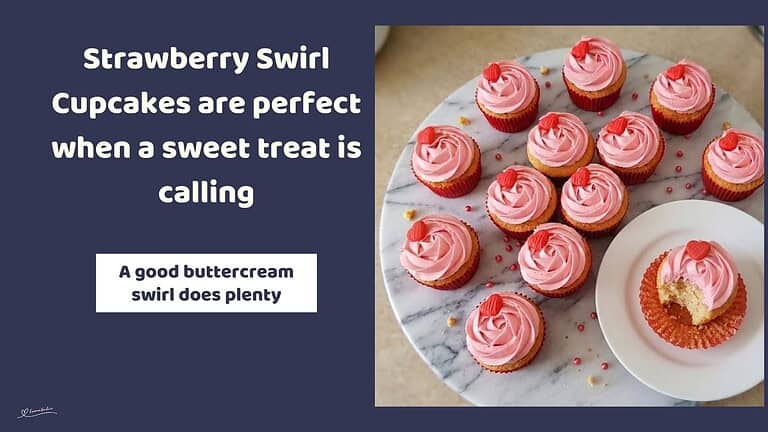 An image of a box and side plate with Strawberry Swirl Cupcakes with pink frosting and a small red heart as decoration