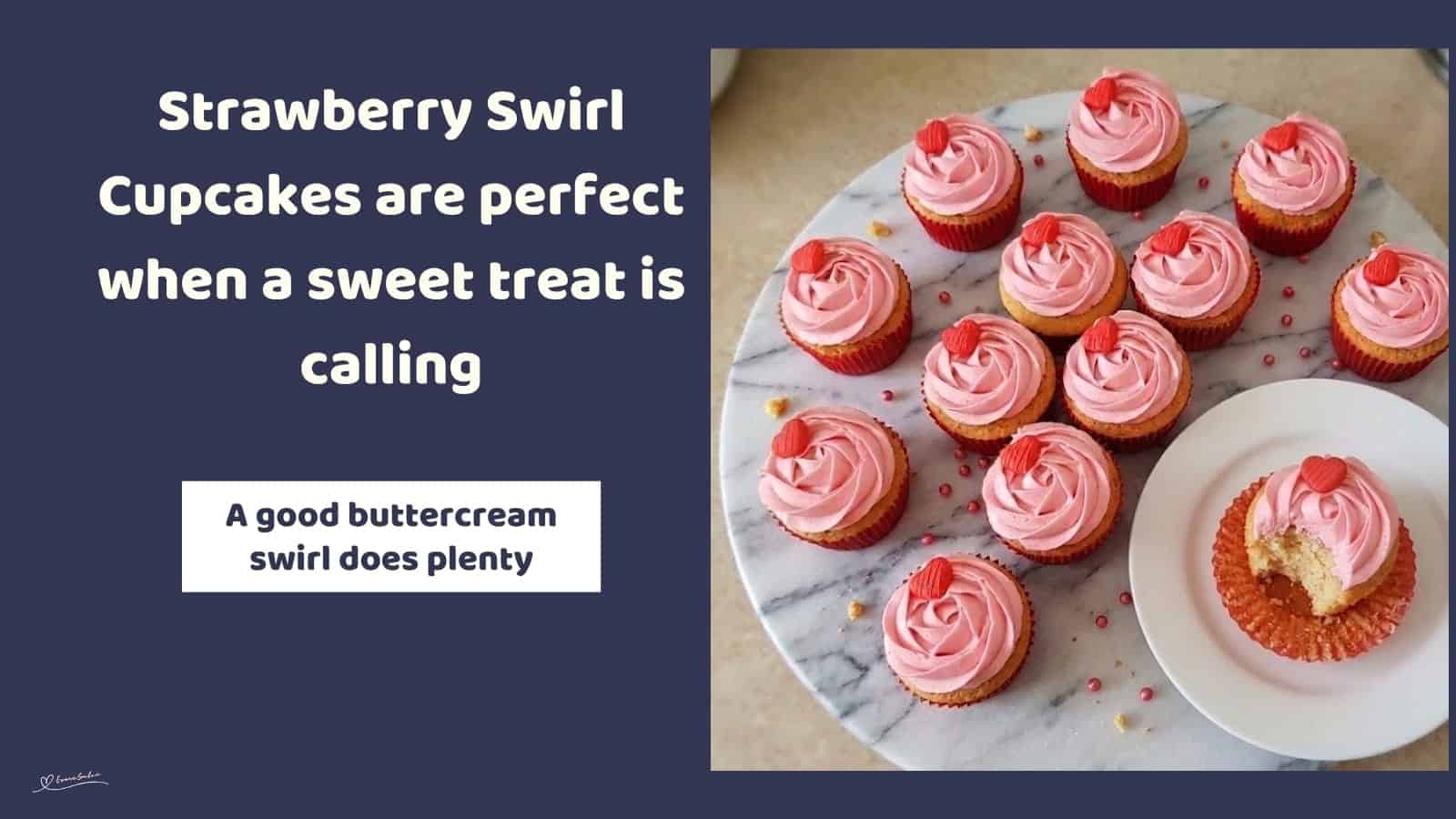 An image of a box and side plate with Strawberry Swirl Cupcakes with pink frosting and a small red heart as decoration