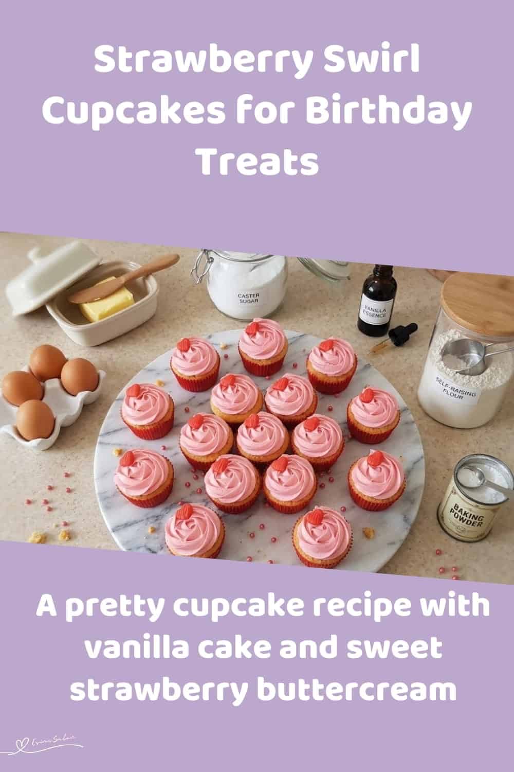 An image of a box and side plate with Strawberry Swirl Cupcakes with pink frosting and a small red heart as decoration