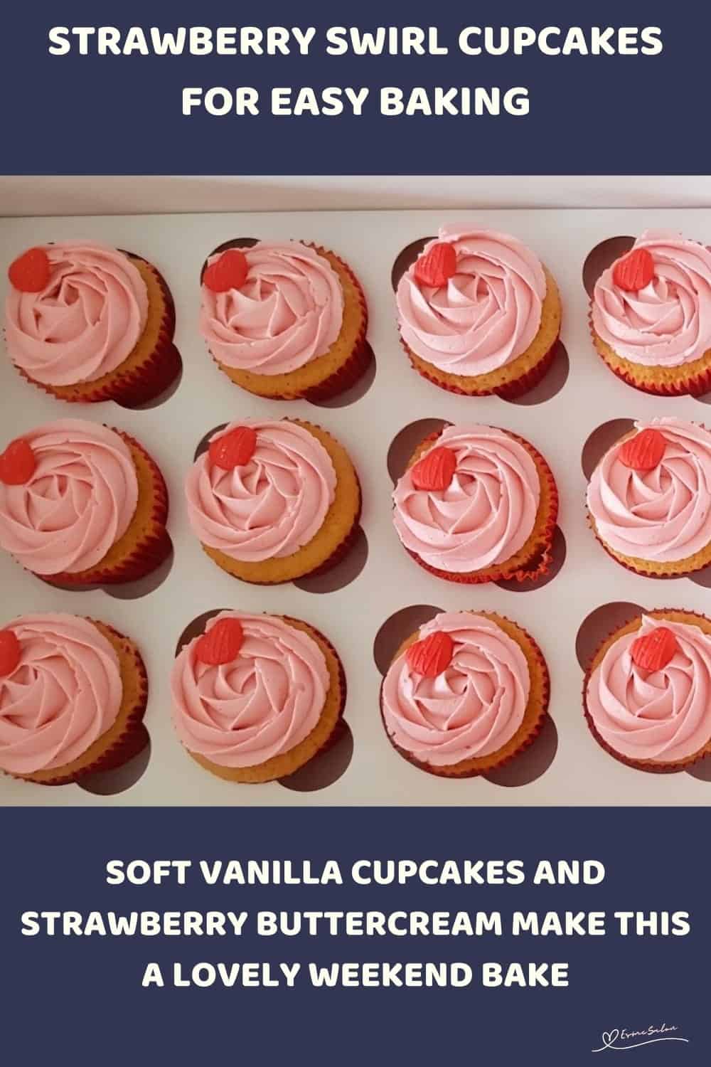 An image of a box and side plate with Strawberry Swirl Cupcakes with pink frosting and a small red heart as decoration